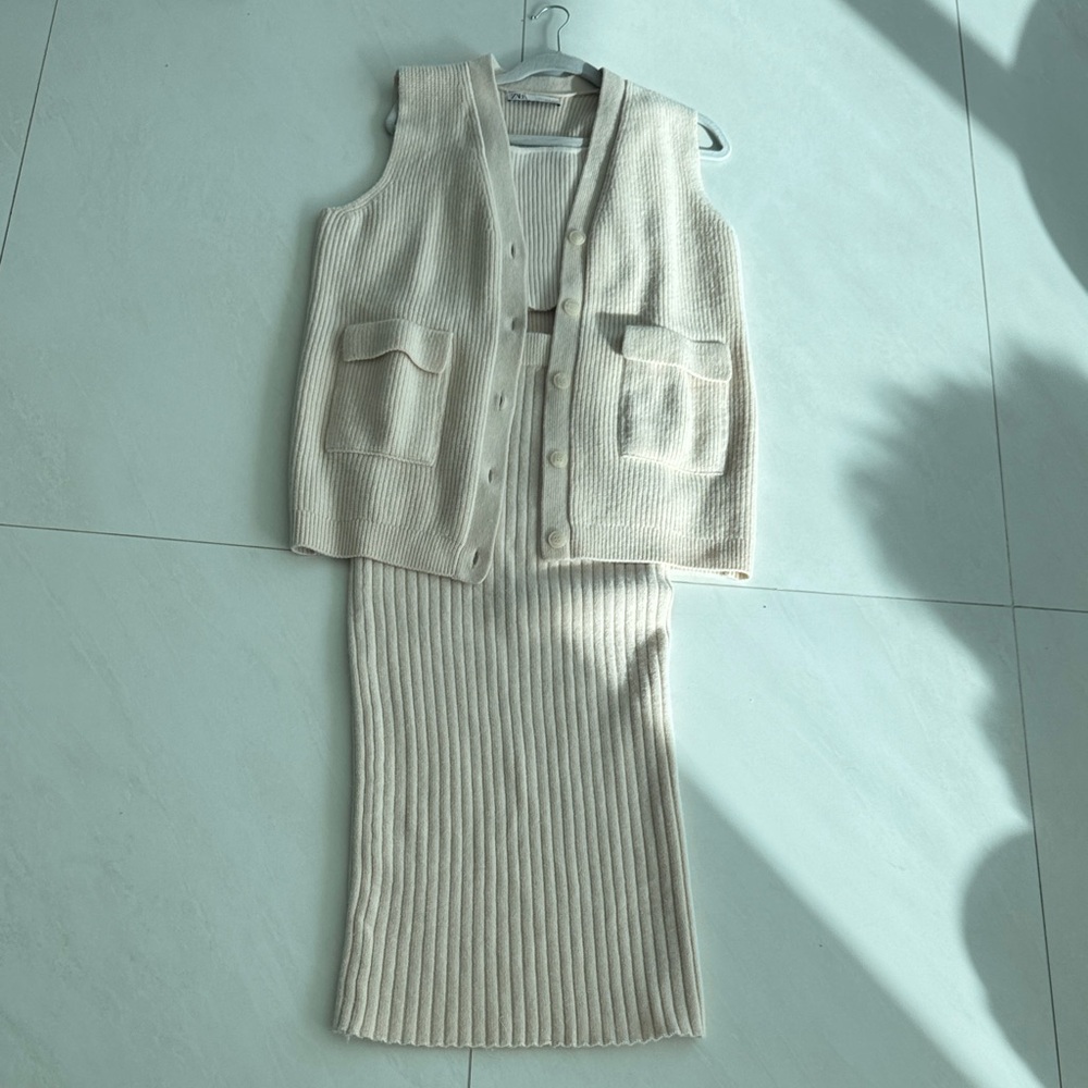 Three Piece Cream Knit Vest and Skirt Set with Matching Knit Tank